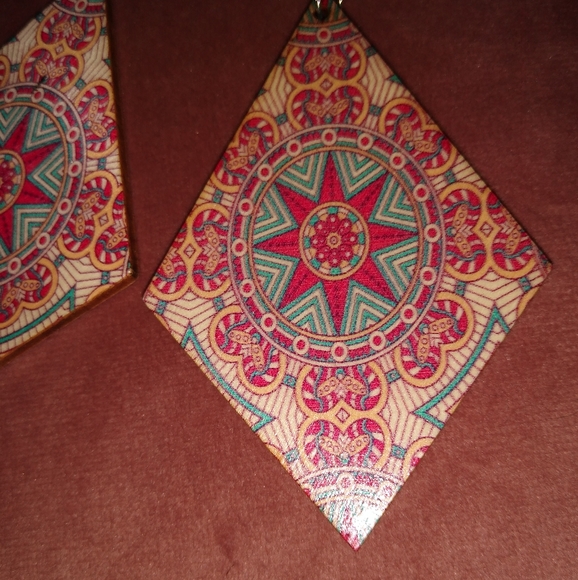 Big Mandala Diamond Shape Earrings Pink Blue Lightweight Wood Steel Wires KATTA - Picture 3 of 6